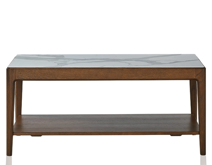 Mesa de centro rectangular de roble y cerámica con estante en madera tinte marrón oscuro tablero cerámico efecto mármol blanco 100x50 cm