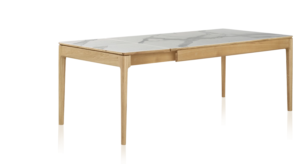 Table extensible 6 à 10 personnes en chêne et céramique allonges céramique avec bois teinte naturelle et plateau et allonges céramique effet marbre blanc 160x100 cm