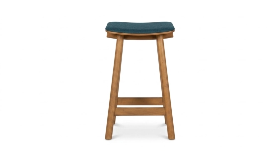 Tabouret de bar en chêne tapissé H60 cm bois teinte vintage assise tissu en laine bouillie bleu