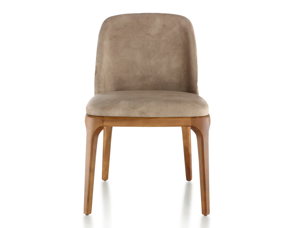 Chaise design bois teinte merisier et tissu velours taupe clair