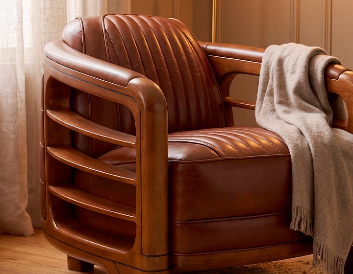 Fauteuil club bois et cuir marron vintage