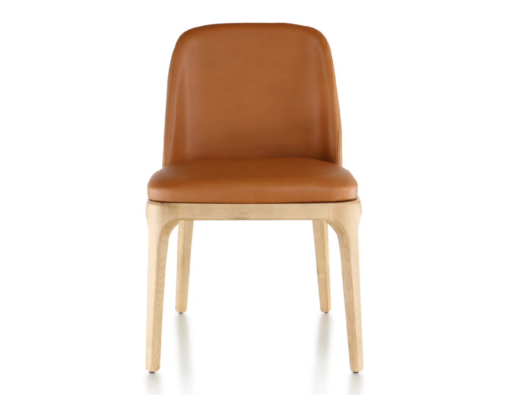 Chaise design bois teinte naturelle et cuir caramel