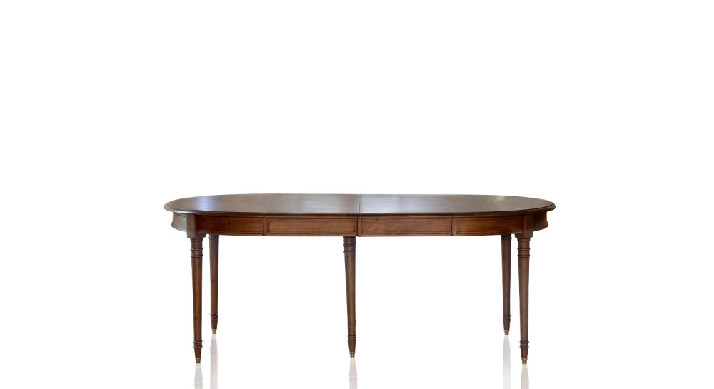 Table ronde Louis XVI extensible 4 à 14 personnes bois teinte ancienne avec 5 allonges 110x120cm