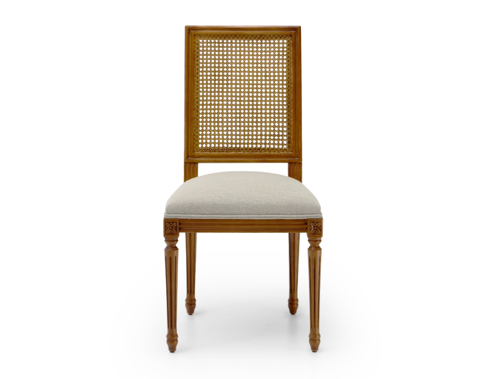 Louis XVI style antique chair cane back chair with natural beige fabric seat