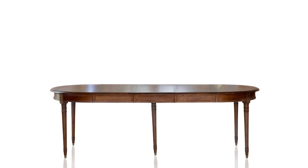 Table ronde Louis XVI extensible 4 à 14 personnes bois teinte ancienne avec 5 allonges 110x120cm