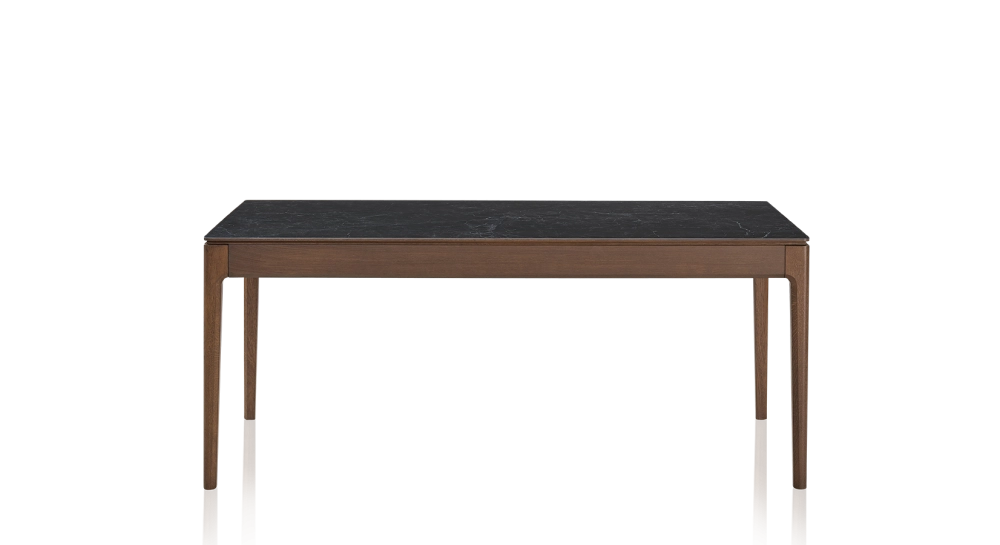 Table extensible 8 à 12 personnes en chêne et céramique allonges bois avec bois teinte marron foncé et plateau céramique effet ardoise 180x100 cm