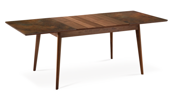 Table extensible 6 à 8 personnes en noyer et céramique allonges bois avec bois teinte naturelle et plateau céramique brun oxydé 140x90 cm