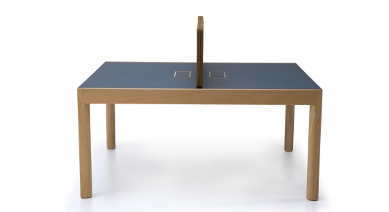 Bureau bench 2 postes chêne teinte naturelle plateau fenix bleu foncé 140x160