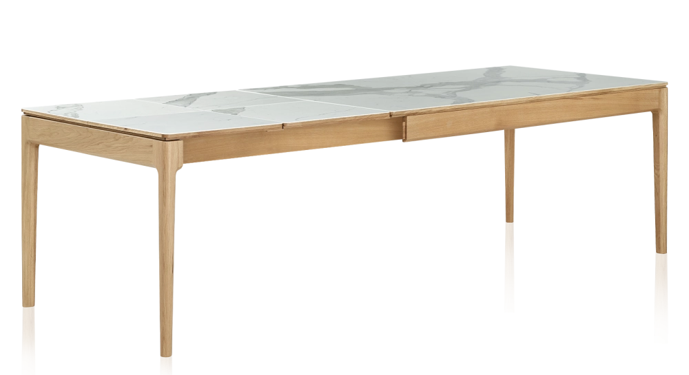 Table extensible 8 à 12 personnes en chêne et céramique allonges céramique avec bois teinte naturelle et plateau et allonges céramique effet marbre blanc 210x100 cm