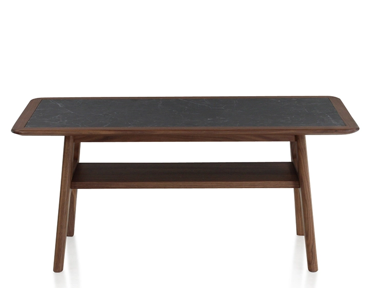 Table basse rectangulaire en noyer et céramique bois teinte naturelle plateau céramique effet ardoise 100x50 cm