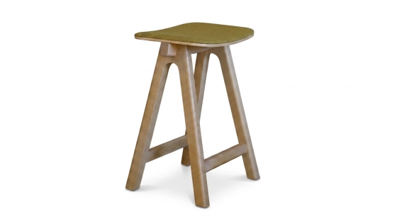 Tabouret de bar en chêne tapissé H60 cm bois teinte naturelle assise tissu chiné jaune