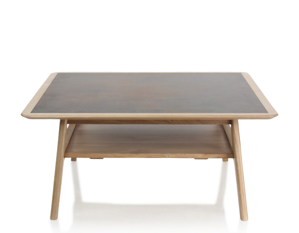 Table basse carrée en chêne et céramique avec bois teinte naturelle plateau céramique brun oxydé 100x100 cm