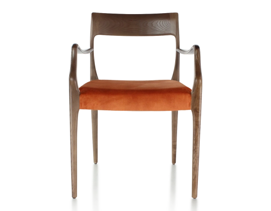 Chaise scandinave avec accoudoirs bois teinte marron foncé assise tissu velours terracotta