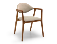 Chaise design avec accoudoirs bois teinte merisier et tissu taupe
