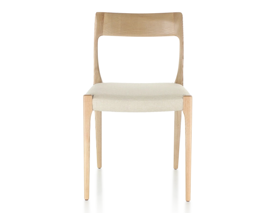 Chaise scandinave bois teinte naturelle assise tissu chevron beige
