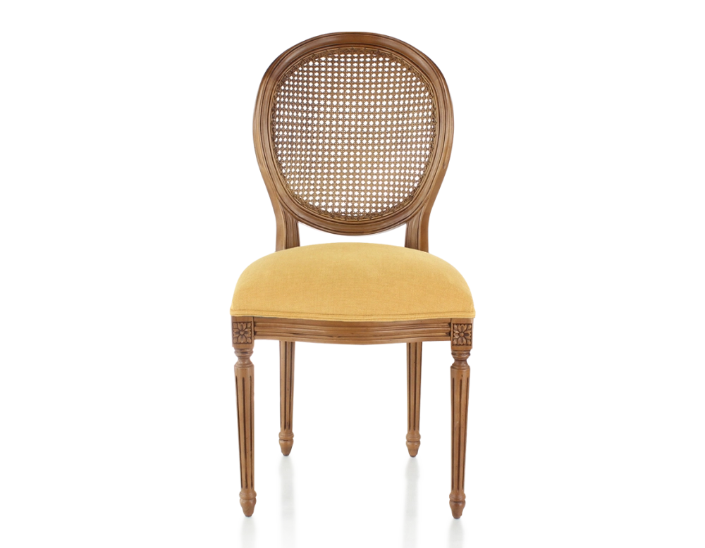 Chaise ancienne style Louis XVI bois teinte ancienne dossier canné assise tissu jaune