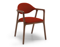 Designer armchair dark brown stained wood and burnt orange fabric