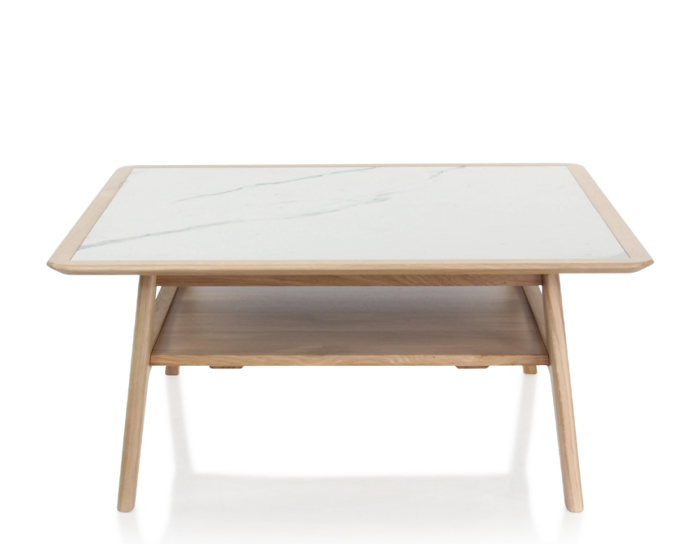 Table basse carrée en chêne et céramique avec bois teinte naturelle plateau céramique effet marbre blanc 100x100 cm