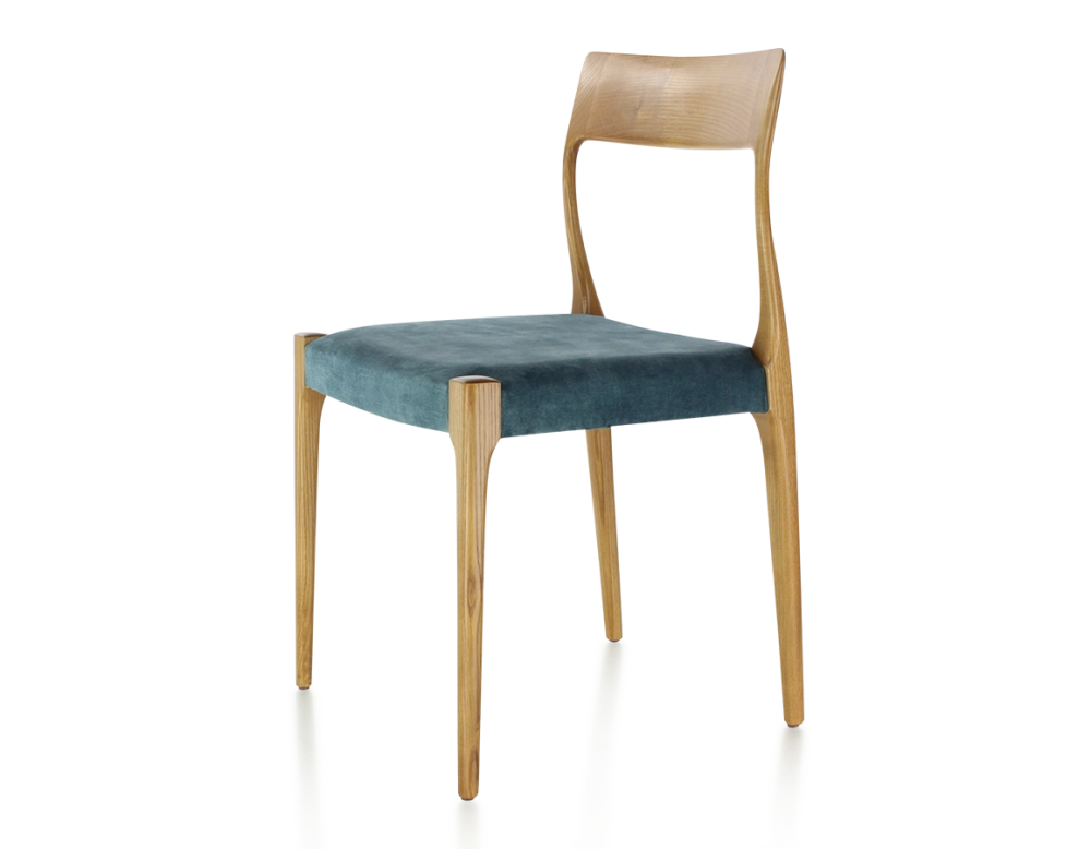 Chaise scandinave bois teinte merisier assise tissu velours bleu pétrole