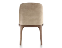 Designer chair dark brown stained wood and light taupe velvet fabric