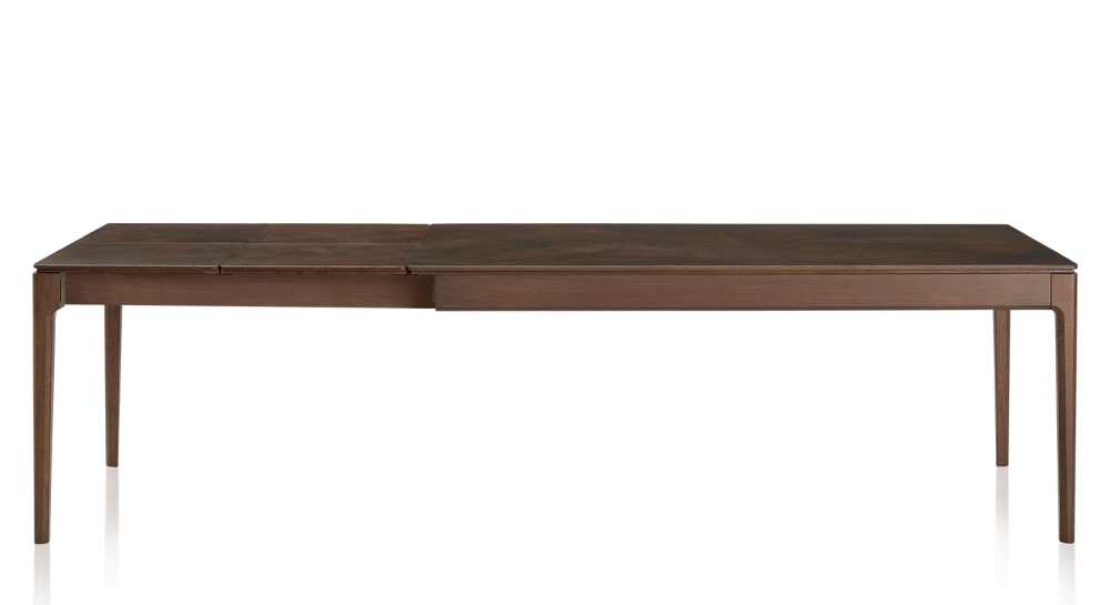 Table extensible 8 à 12 personnes en chêne et céramique allonges céramique avec bois teinte marron foncé et plateau et allonges céramique brun oxydé 210x100 cm