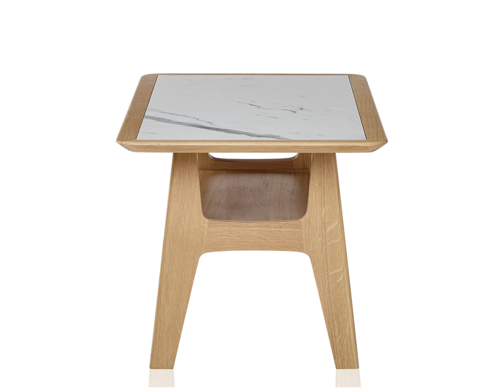 Table basse rectangulaire en chêne et céramique avec bois teinte naturelle plateau céramique effet marbre blanc 100x50 cm