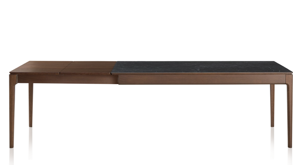 Table extensible 8 à 12 personnes en chêne et céramique allonges bois avec bois teinte marron foncé et plateau céramique effet ardoise 210x100 cm