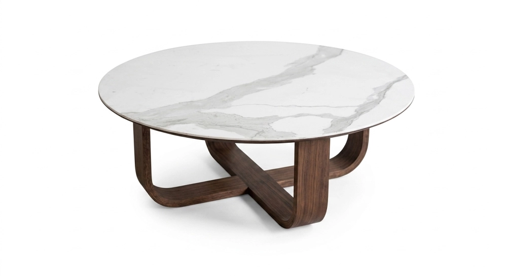 Mesa de centro redonda de roble y cerámica con madera tintada marrón oscuro tablero cerámico efecto mármol blanco 100x100 cm