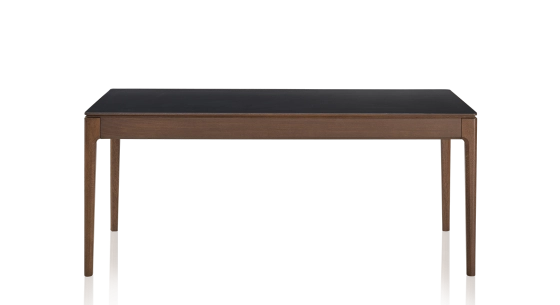 Table salle à manger en chêne et céramique 8 personnes avec bois teinte marron foncé et plateau céramique noir unie 210x100 cm