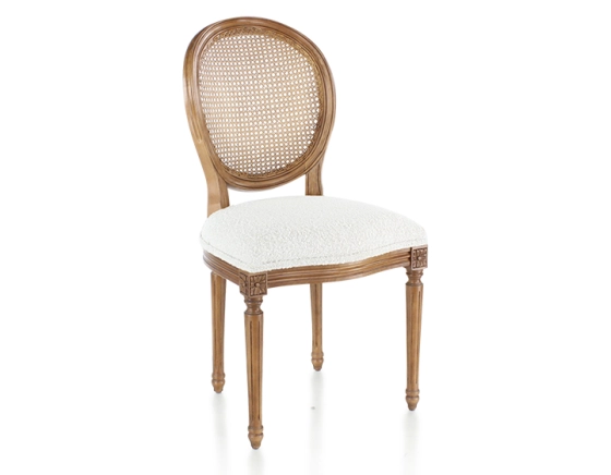 Chaise ancienne style Louis XVI bois teinte ancienne dossier canné assise tissu bouclé blanc