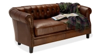 Canapé Chesterfield cuir 2 places marron vintage accoudoirs cloutés