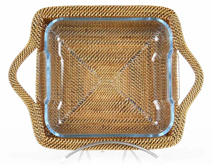 Plat pyrex carré avec support en fleur de rotin