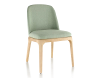 Chaise design bois teinte naturelle et tissu vert sauge