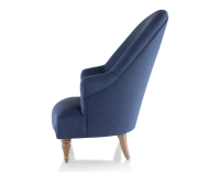 Fauteuil crapaud avec accoudoirs pieds bois teinte noyer et tissu bleu marine haut dossier