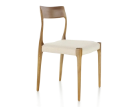 Chaise scandinave bois teinte merisier assise tissu chevron beige