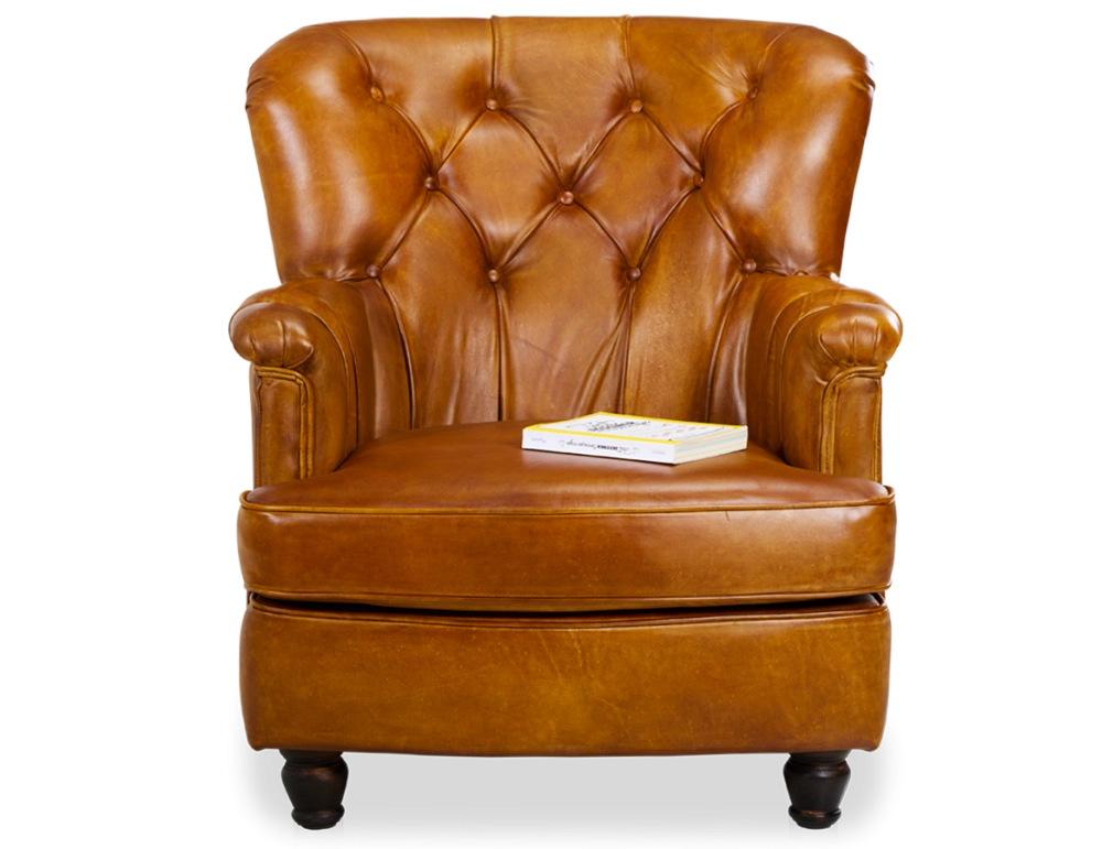 Fauteuil Chesterfield cuir cognac moyen dossier