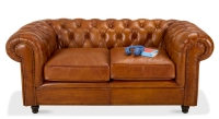 Canapé Chesterfield cuir 2 places marron clair accoudoirs cloutés
