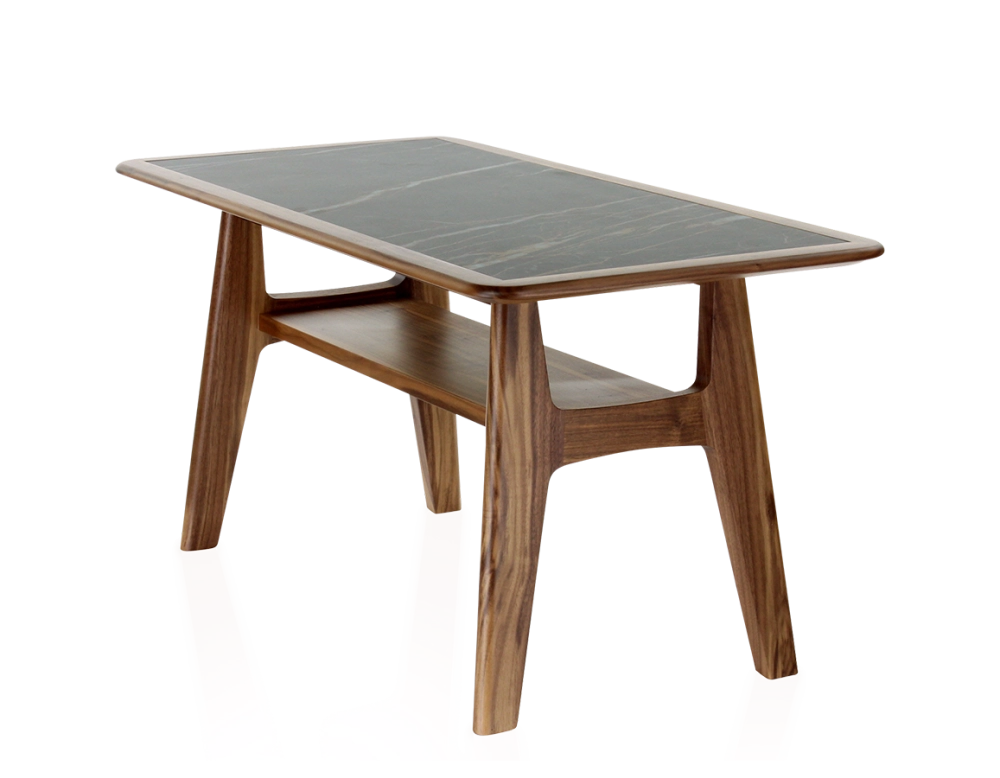 Table basse rectangulaire en noyer et céramique bois teinte naturelle plateau céramique effet marbre noir 100x50 cm