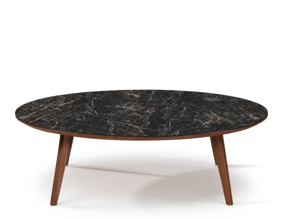 Table basse ronde F1 en noyer et céramique bois teinte naturelle plateau céramique effet marbre noir 120x120x30 cm
