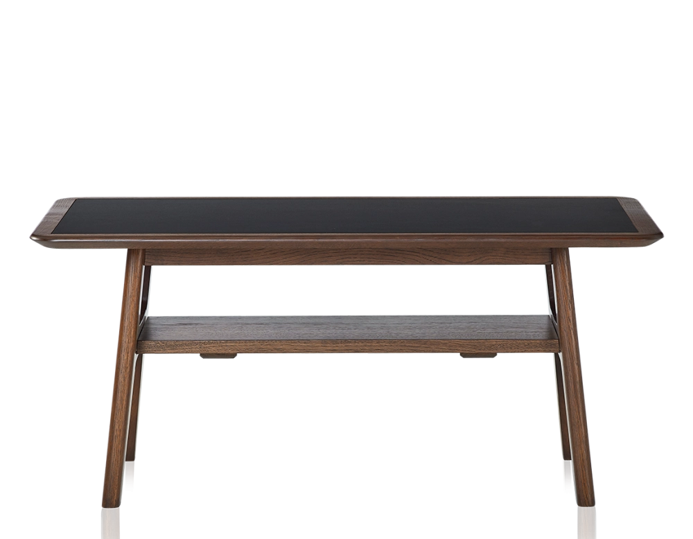 Table basse rectangulaire en chêne et céramique avec bois teinte marron foncé plateau céramique noir unie 100x50 cm
