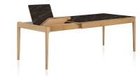 Table extensible 8 à 12 personnes en chêne et céramique allonges céramique avec bois teinte naturelle et plateau et allonges céramique effet marbre noir 210x100 cm