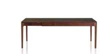 Extending table for 8 to 14 people in walnut and ceramic with ceramic extensions with natural stained wood and oxidised brown ceramic top and extensions 210x100 cm