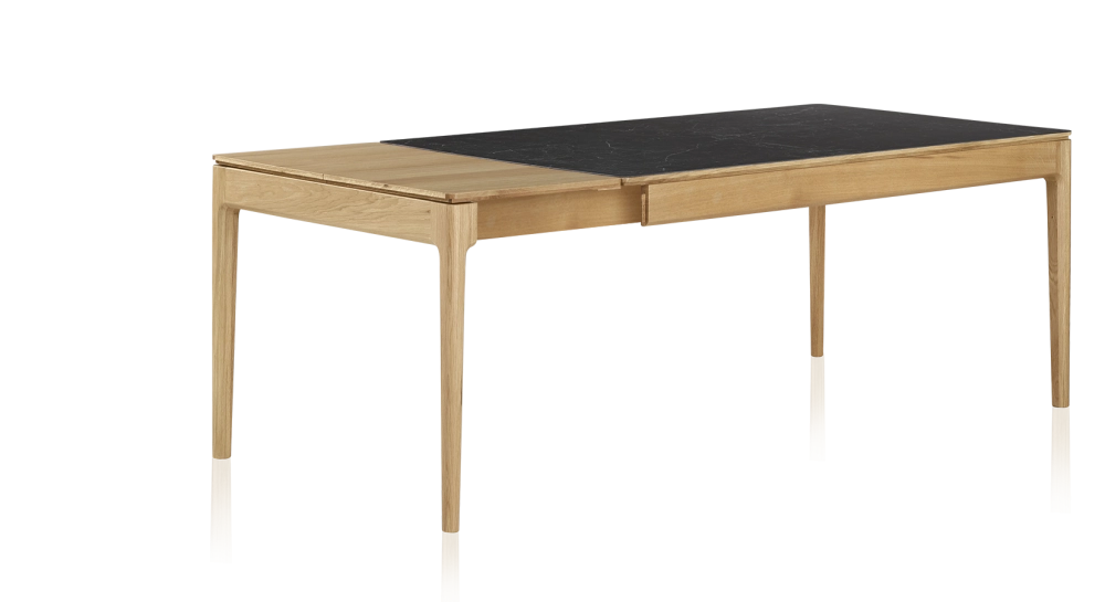 Table extensible 6 à 10 personnes en chêne et céramique allonges bois avec bois teinte naturelle et plateau céramique effet ardoise 140x90 cm