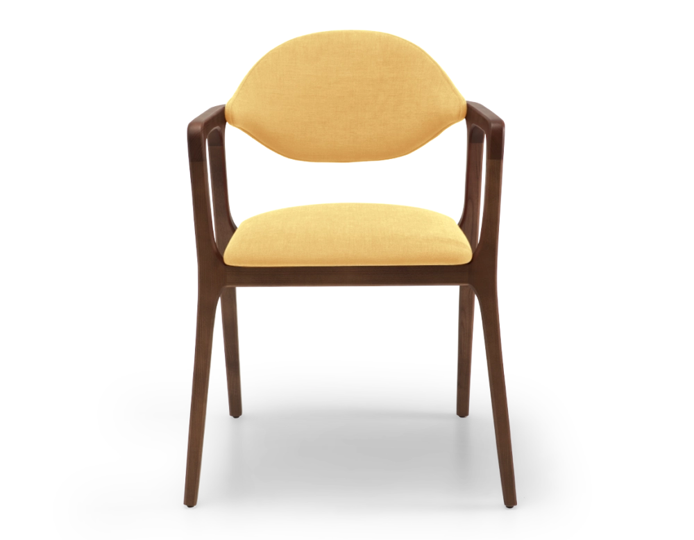 Chaise design avec accoudoirs bois teinte marron foncé et tissu jaune