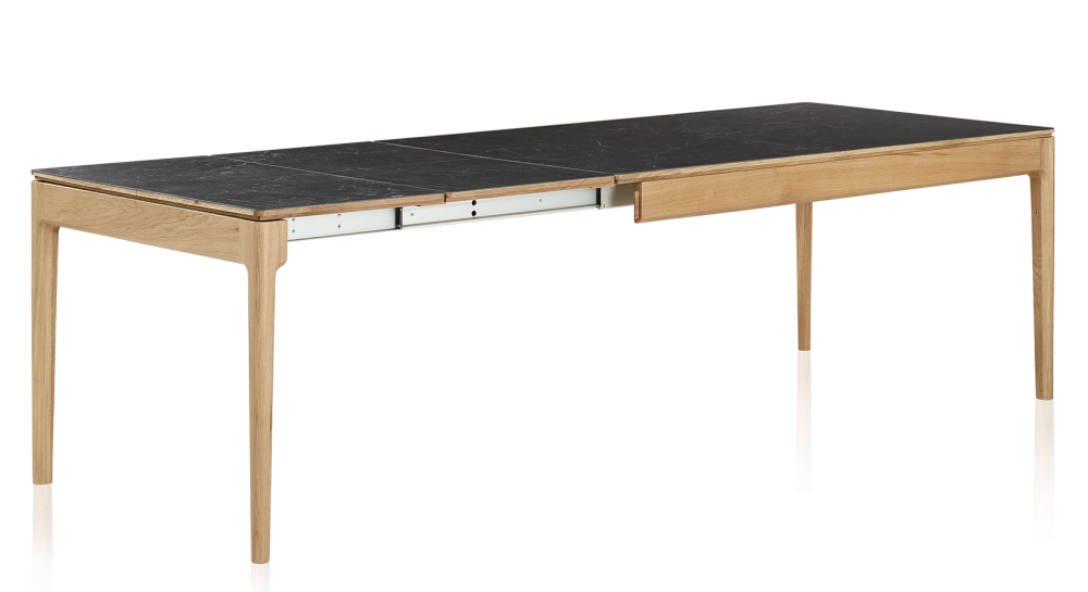Table extensible 6 à 10 personnes en chêne et céramique allonges céramique avec bois teinte naturelle et plateau et allonges céramique effet ardoise 160x100 cm