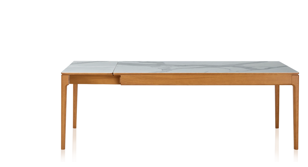 Table extensible 6 à 10 personnes en chêne et céramique allonges céramique avec bois teinte merisier et plateau et allonges céramique effet marbre blanc 160x100 cm