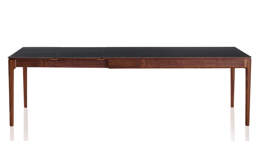 Table extensible 8 à 12 personnes en noyer et céramique allonges céramique avec bois teinte naturelle et plateau et allonges céramique noire unie 210x100 cm