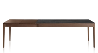 Table extensible 6 à 10 personnes en chêne et céramique allonges bois avec bois teinte marron foncé et plateau céramique effet marbre noir 140x90 cm