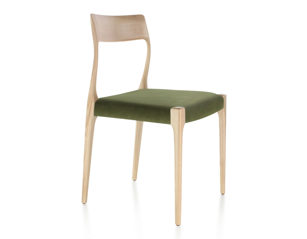 Chaise scandinave bois teinte naturelle assise tissu vert olive