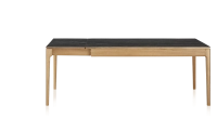 Table extensible 8 à 12 personnes en chêne et céramique allonges céramique avec bois teinte naturelle et plateau et allonges céramique effet marbre noir 210x100 cm